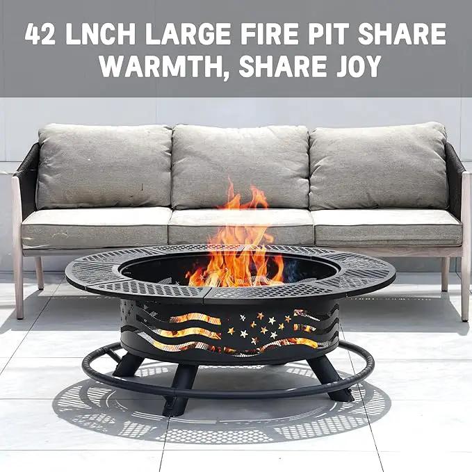 42 Inch Fire Pit with 2 Cooking Grates, Outdoor Wood Burning BBQ Grill Firepit Bowl with Cover Lid, Steel Round Table for Backyard Bonfire Patio Picnic (Black, 42) by GreenHaven Gardens
