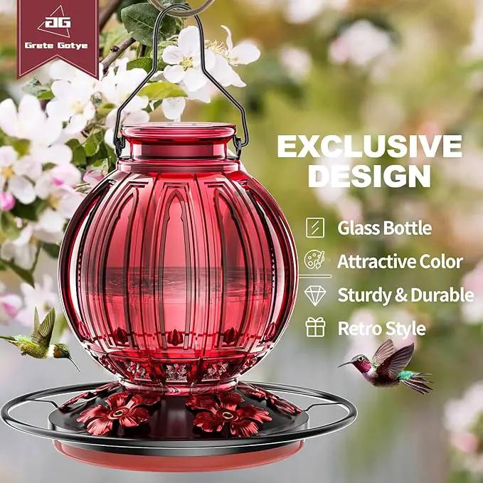 Glass Hummingbird Feeder for Outdoors Hanging, 26Oz Bird Nectar Feeder with Perch & 5 Flower Feeding Ports, Leak Proof for Outside Garden Decor Backyard, Gifts for Women Mom, Red by GreenHaven Gardens