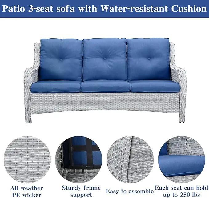 Wicker Patio Furniture Sets - 8 Piece Outdoor Rattan Furniture Conversation Sets with 4 Swivel Rocker Chairs, Rattan Sofa, Wicker Ottomans and Coffee Table, Light Grey/Blue by GreenHaven Gardens