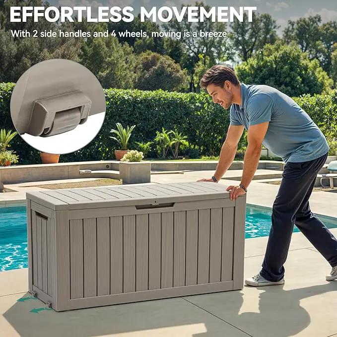 YITAHOME 72 Gallon Outdoor Resin Deck Box with Wheels, Pool Storage Box for Outdoor Cushions, Sports Equipment, Garden Tools, Light Brown by GreenHaven Gardens