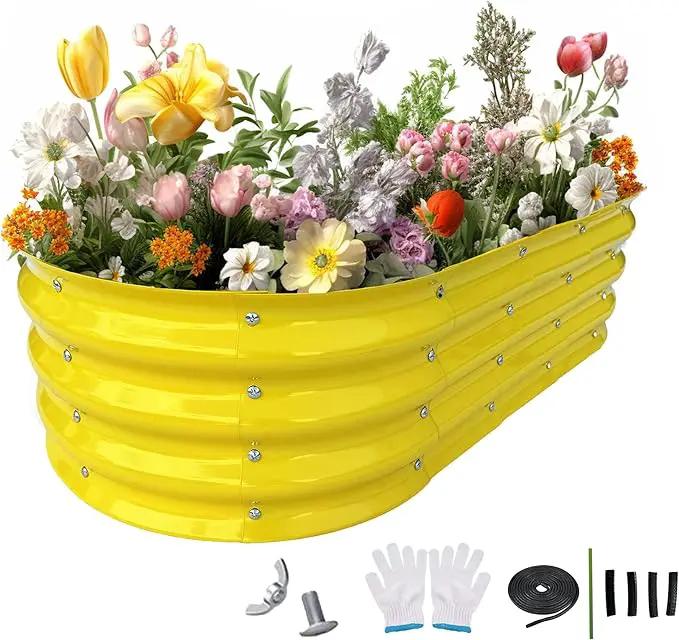 Raised Garden Bed 4x2x1ft Large Galvanized Raised Garden Beds Kit 1Pack Outdoor Yellow Planter Box with Rubber Stripe and Safety Gloves for Vegetables, Fruits, Flowers by GreenHaven Gardens