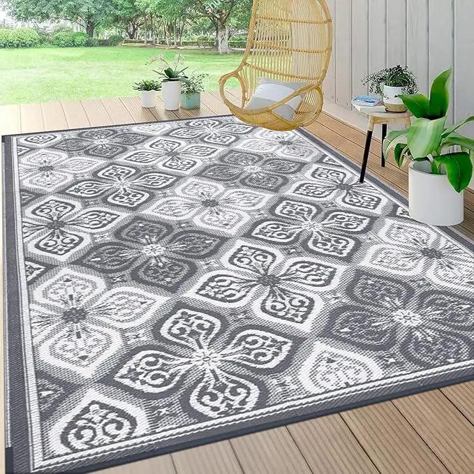 Pauwer Reversible Outdoor Rug, 6'x9', Waterproof, Polypropylene, Clover Grey, Area Rug for Patio, RV, Camping, Picnic, Backyard, Deck, Balcony, Porch by GreenHaven Gardens