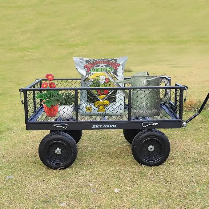 BILT HARD 880 lbs 10" Flat Free Tires Steel Garden Cart with 180° Rotating Handle and Removable Sides, Heavy Duty 4 Cu.Ft Capacity Utility Garden Carts and Wagons, Black by GreenHaven Gardens