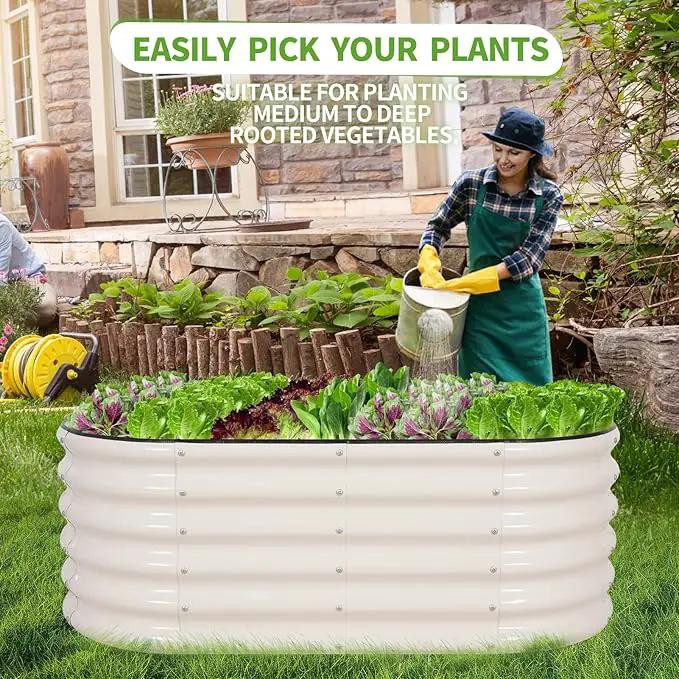 Galvanized Raised Garden Bed - 4x2x1.4FT Metal Planter Boxes Outdoor | Oval Steel Raised Bed Kit for Gardening with Protective Tape, Gloves for Vegetables, Flower, Herb (White) by GreenHaven Gardens