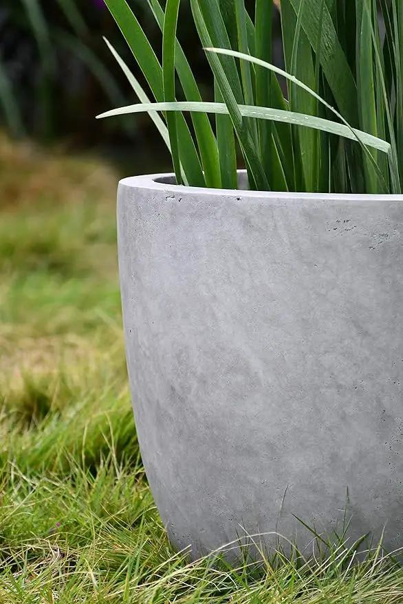 Kante 14 Inch Dia Round Concrete Planter, Indoor Outdoor Large Plant Pot with Drainage Hole and Rubber Plug for Home Patio Garden, Natural Concrete by GreenHaven Gardens