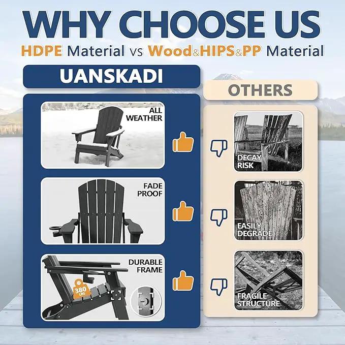 Folding Adirondack Chair Set of 3 with Cup Holder, HDPE All Weather Resistant Plastic Outdoor Patio Chairs, Heavy Duty Fire Pit Seating for Backyard Lawn Garden, Wooden Textured Design(Gray) by GreenHaven Gardens