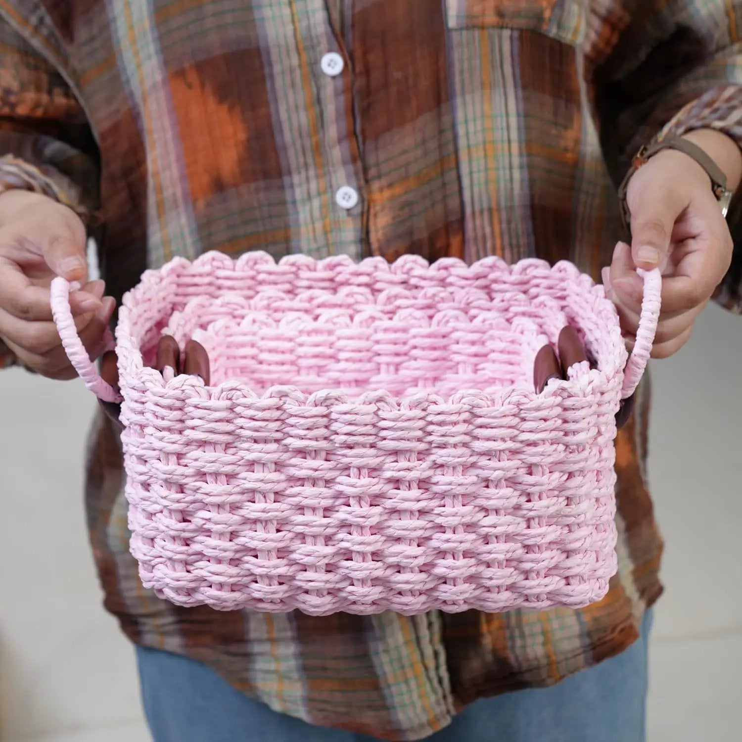 Small baskets for Organizing,Cute woven Storage basket with recycled paper rope for Shelves Bathroom,Little decorative basket,Set of 3 (Pink) by GreenHaven Gardens