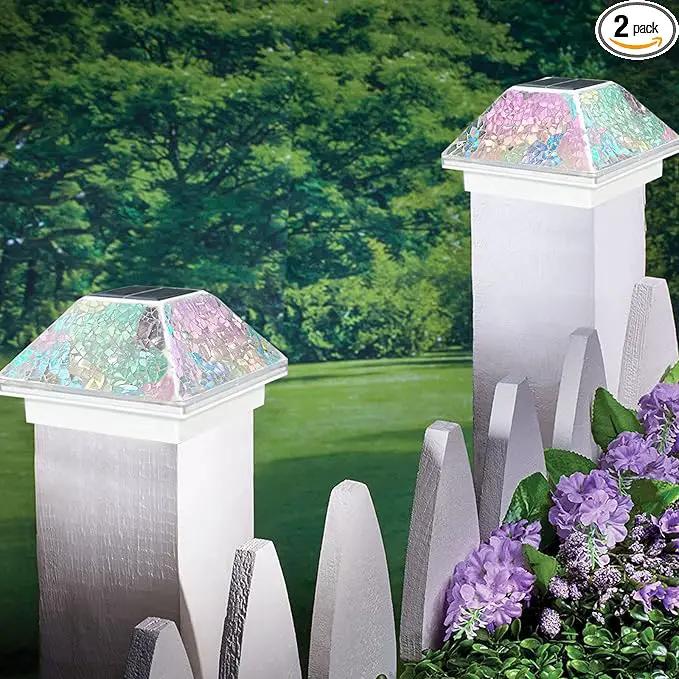 2PK Mosaic Solar Post Cap Lights Outdoor for 4x4, 3.5x3.5 Post Crackled Glass Deck Fence Lamp Weatherproof LED Light Decor in Garden, Yard, Outdoor Table, Balcony, Landscape- Iridescent by GreenHaven Gardens