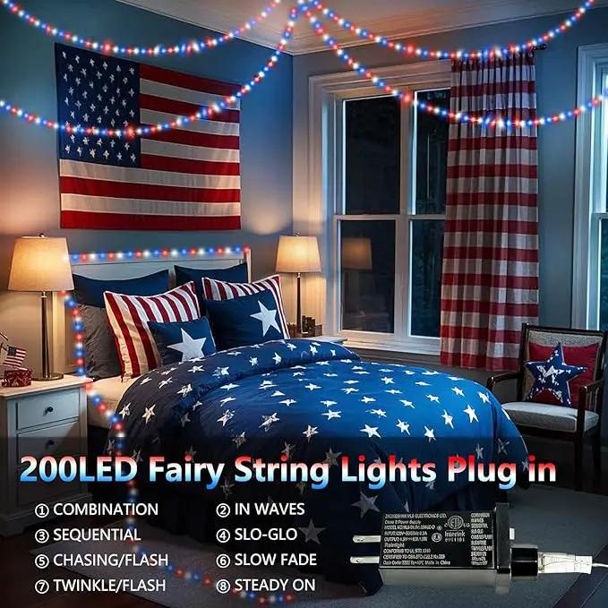 66Ft 200 LED Fairy Lights Plug in, July 4th Patriotic Waterproof String Lights with Timer for Indoor and Outdoor 8 Modes, Red White Blue American Flag Twinkle Lights for Independence Day, National Day by GreenHaven Gardens