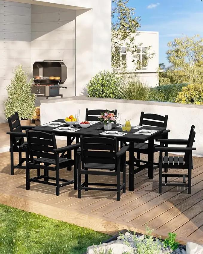 Patio Dining Set for 6 with Umbrella Hole - 66" Outdoor Table & 6 Chairs, All-Weather HDPE Outdoor Furniture for Lawn, Garden, Backyard, Poolside, Black by GreenHaven Gardens