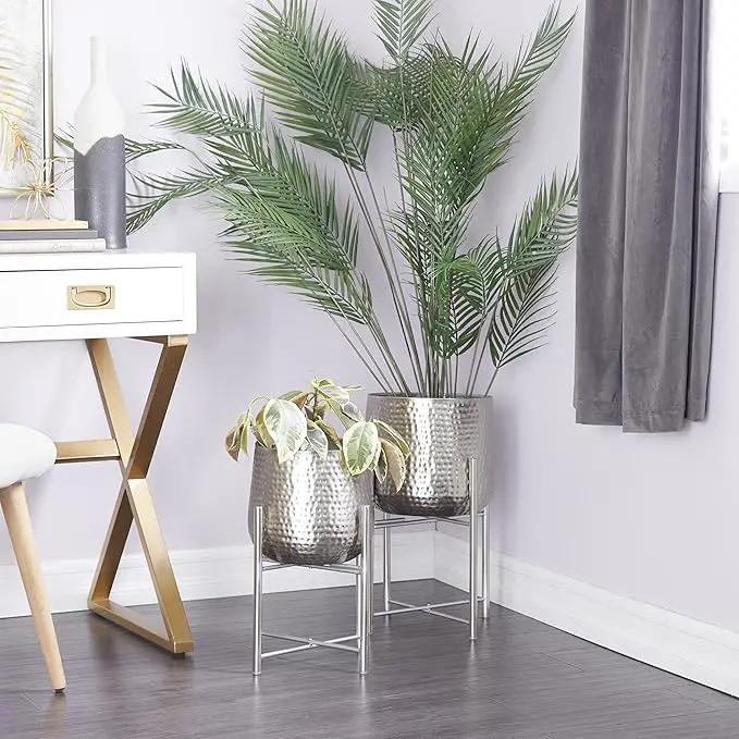 CosmoLiving by Cosmopolitan Metal Indoor Outdoor Planter Hammered Large Planter Pot with X-Shaped Stands, Set of 2 Planters 19", 16"H, Silver by GreenHaven Gardens