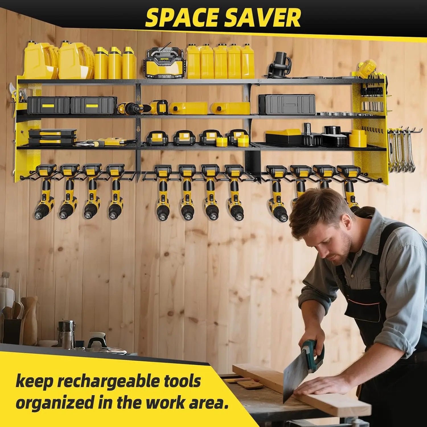 Power Tool Organizer Wall Mount with 12-Drill Holders-800Lbs Load Heavy Duty Metal 4-Layers Garage Storage and Organization with Side-Plates Adjustable Battery Tools Rack Utility Racks Gifts for Men by GreenHaven Gardens