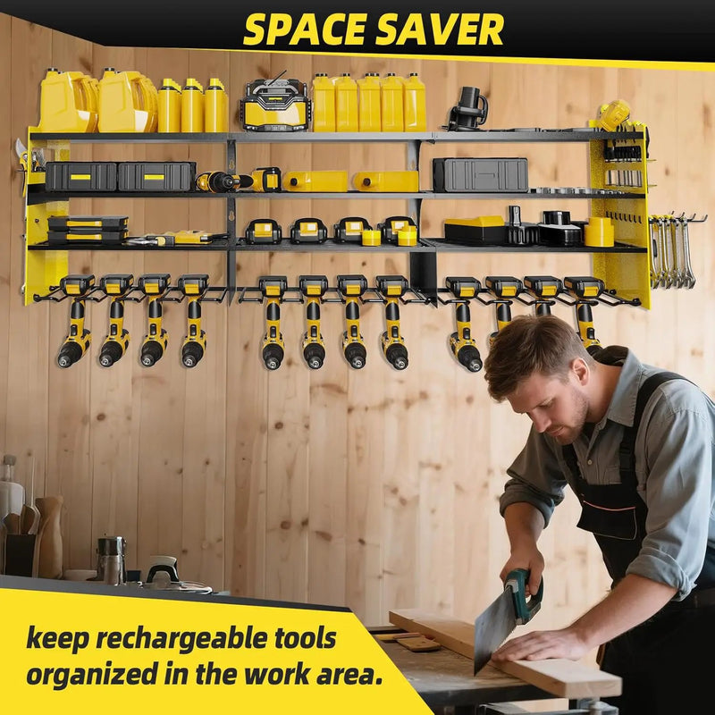 Power Tool Organizer Wall Mount with 12-Drill Holders-800Lbs Load Heavy Duty Metal 4-Layers Garage Storage and Organization with Side-Plates Adjustable Battery Tools Rack Utility Racks Gifts for Men by GreenHaven Gardens