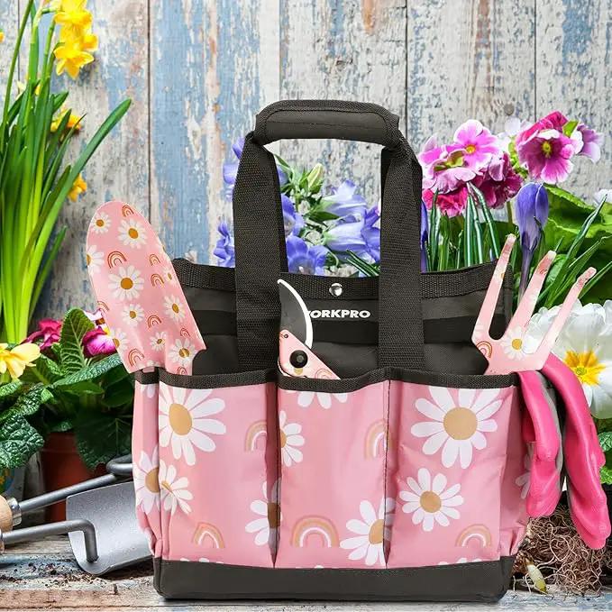 WORKPRO Garden Tool Bag, 9 Pockets Gardening Bag, Heavy Duty Oxford Garden Tote Caddy (Tools NOT Included), 12" x 12" x 6"-Pink Ribbon by GreenHaven Gardens