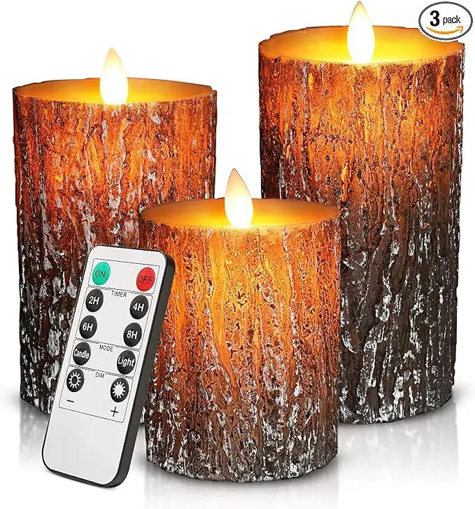 JOSU LED Flameless Candles Pine Bark Effect, Battery Operated Candles with Remote Control, LED Fake Candles, 4" 5" 6" Pack of 3, for Wedding Decor, Table Decor, Home Decoration Gifts (Pine Bark) by GreenHaven Gardens