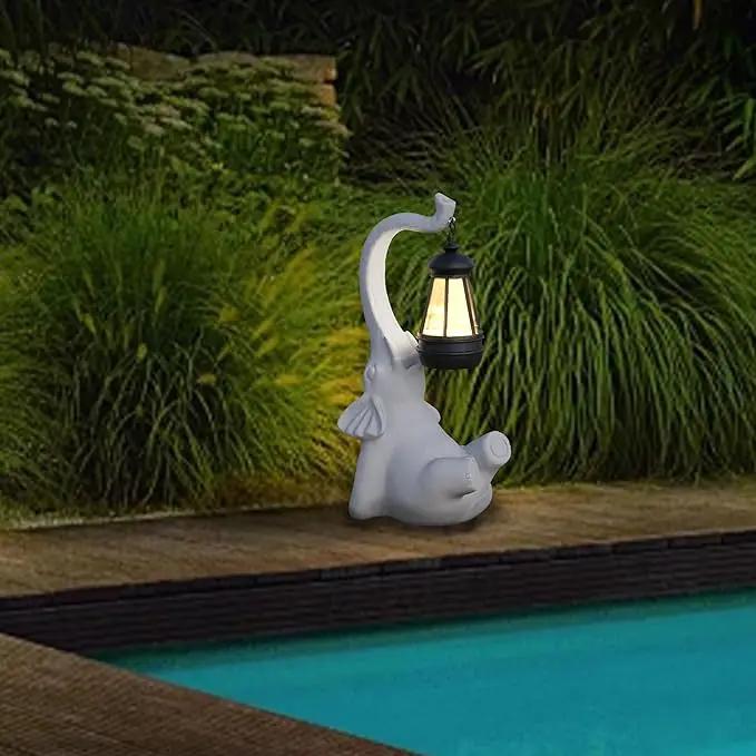 Statue Decoration, Figurine, Lawn Statue, Sculpture Ornament, Animal Figurine - Elephant Resin Statue with Lantern (Hand-JD Face Upward-JD) by GreenHaven Gardens