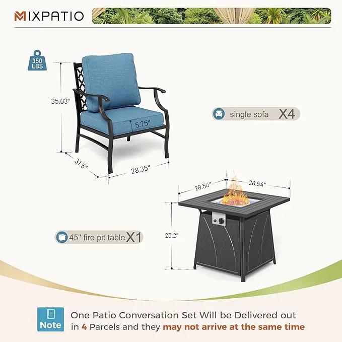 Patio Furniture Set with Fire Pit Table, 5 Pcs Metal Outdoor Conversation Set, 4 Single Chairs with 5.75" Extra Thick Cushion and 28" Fire Pit Table for Backyard Deck, Navy Blue by GreenHaven Gardens