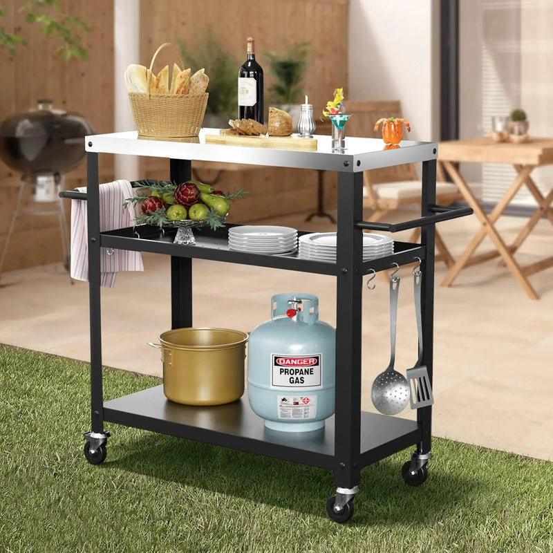 Outdoor Grill Cart with Three-Shelf, Stainless Steel Pizza Oven Table for Outside, Dining Kitchen Cart with Two Side Handle, Garden Patio BBQ Kitchen Food Prep Table Cart (Black) by GreenHaven Gardens