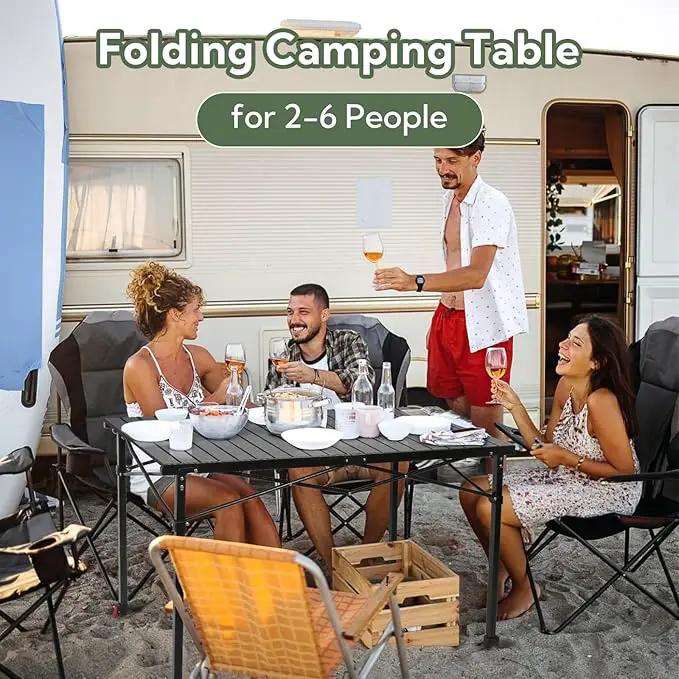Portable Outdoor Adjustable Height Camping Table, Large for 2-6 Person, Foldable Roll-up Aluminum Camp Table with Carry Bag for Picnic, Camp, Sturdy, Stable, Loads 220 Lbs (Black) by GreenHaven Gardens