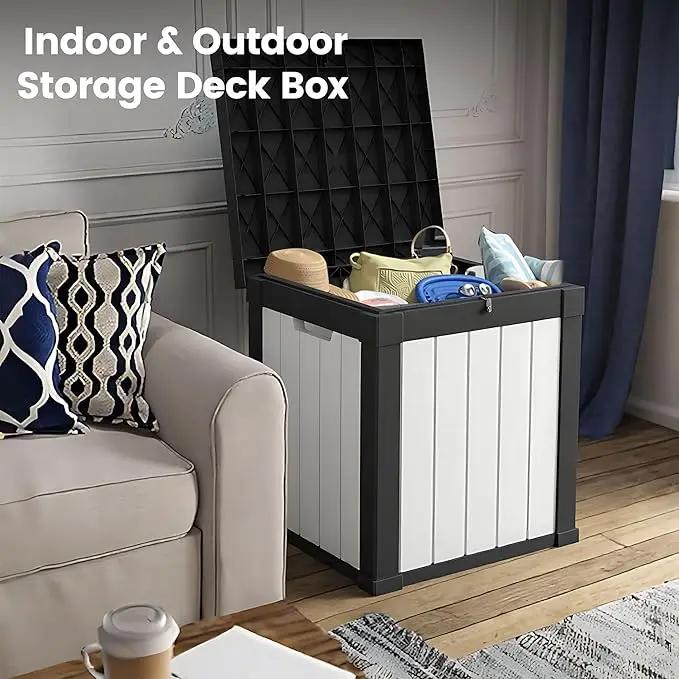 50 Gallon Storage Box, Waterproof Deck Box for Indoor & Outdoor Use, Lockable Pool Storage Bin for Package Delivery, Outdoor Bench for Patio Cushions, Garden Tools, Backyard, Black & White by GreenHaven Gardens