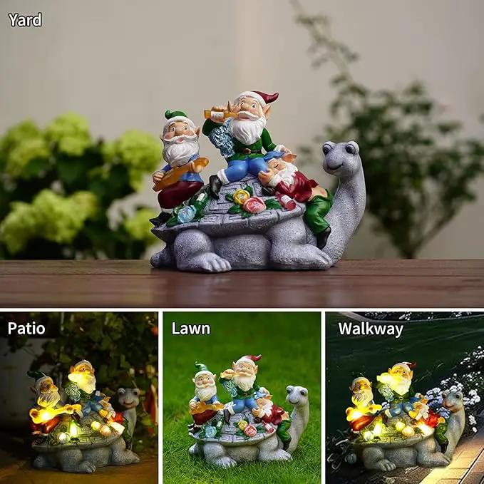 Upgraded Size Solar Garden Outdoor Statues Three Gnomes having party on turtle with 7 LED Solar Figurine for Lawn,Patio,Balcony,Yard Decor Unique Housewarming Gift, for grandfather, Father,Grandma,Wen by GreenHaven Gardens