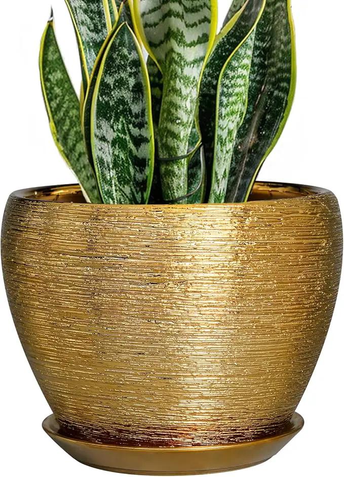 Ceramic Plant Pot 8 Inch - Planter for Outdoor Plants Indoor Plant Pot with Drainage Hole and Saucer Decorative Round Planter Modern Flower Pot for House Decor Gold by GreenHaven Gardens
