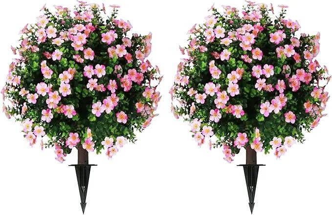 Sunnyglade Set of 2 Artificial Boxwood Topiary Ball Trees with Pink Flower, Faux Shrub Bushes with Ground Spike 25.5", UV Resistant Fake Boxwood Plants for Indoor, Garden, Porch, Patio Decor (Pink) by GreenHaven Gardens