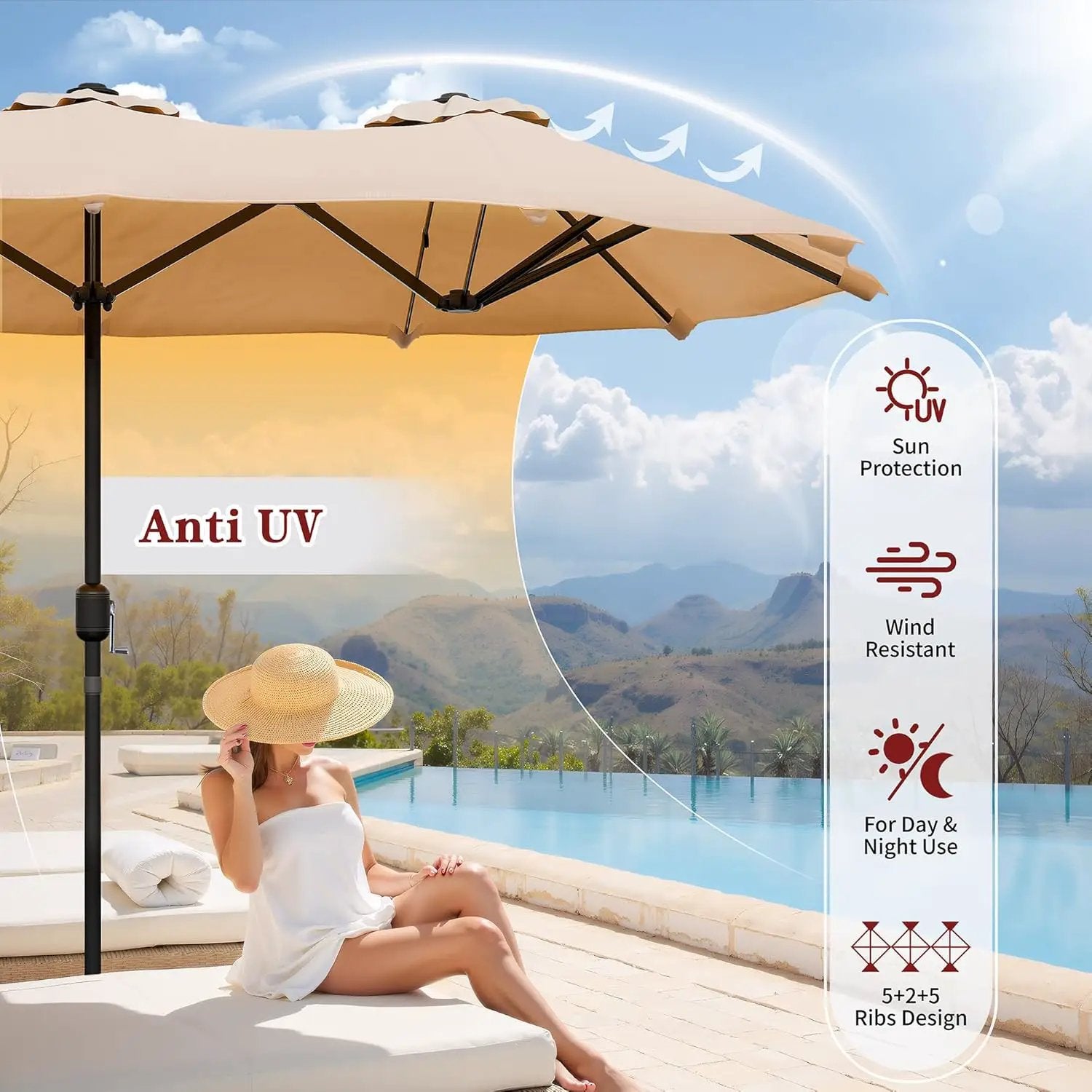 Vongrasig 15FT Large Patio Umbrella with Base Included, Outdoor Double sided Umbrellas with Crank Handle, Rectangle Table Umbrella for Pool Lawn Garden Market by GreenHaven Gardens