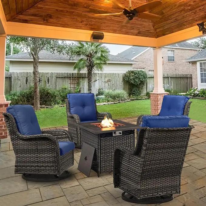 5 Pieces Patio Wicker Furniture Set - 4 Outdoor Swivel Rocker Glider Chairs with Propane Fire Pit Table, Patio Conversation Set Blue Cushion Perfect for Casual Gathering by GreenHaven Gardens