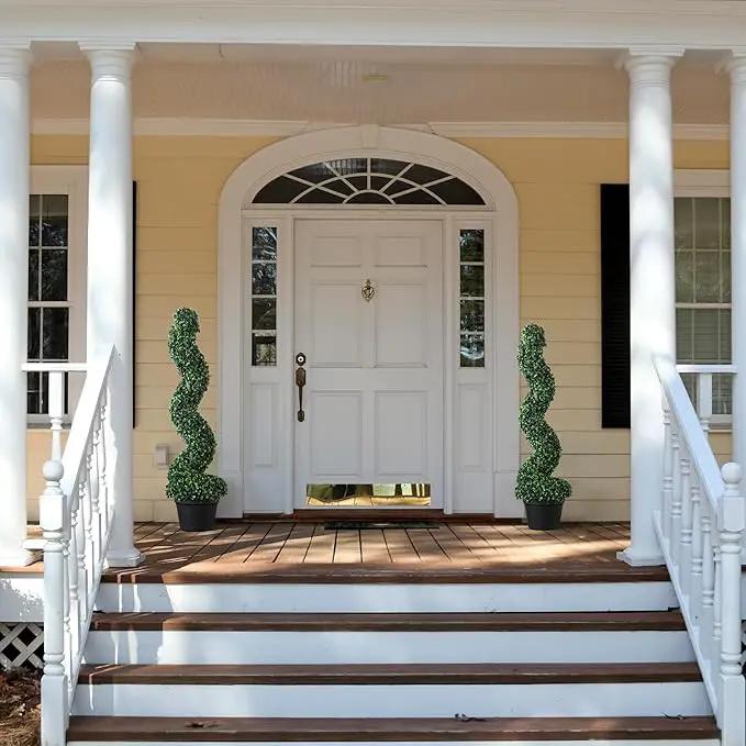 39 inchBoxwood Artificial Cedar Spiral Topiary Trees – Decorative Fake Greenery in Planter Pots for Front Porch, Outdoor Walkway, Entryway Decorating, Set of 2 by GreenHaven Gardens