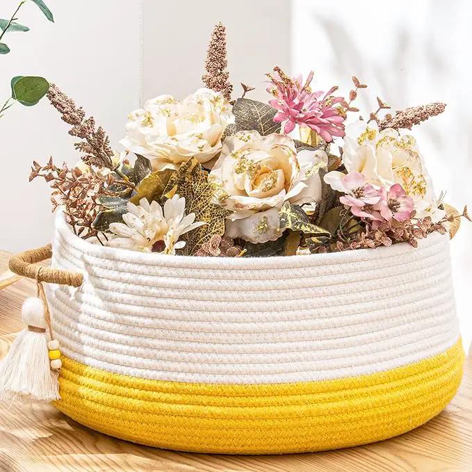 KAKAMAY Woven Baskets for Storage(16"x8"),Blanket Basket for Organizing Living Room,Cotton Rope Basket Woven Baby Laundry Hamper,Collapsible Laundry Room Organization,Clothes,Toy Chest(Yellow) by GreenHaven Gardens