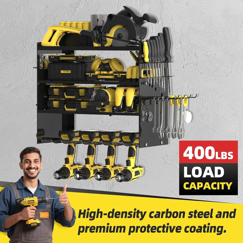 Power Tool Organizer Wall Mount with 4-Drill Holders-400Lbs Load Heavy Duty Metal 4-Layers Garage Storage & Organization Battery Tools Rack with Side Panels Utility Racks Workshop Gifts for Men by GreenHaven Gardens