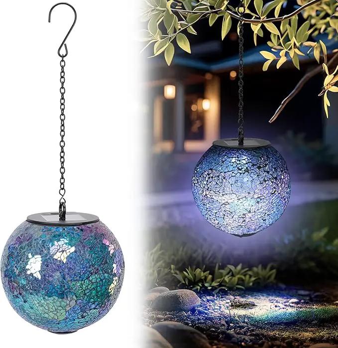 VCUTEKA Solar Chandelier Outdoor, Hanging Mosaic Solar Lights with Hook Up, Solar Garden Lantern Decor for Yard, Deck and Patio, Blue by GreenHaven Gardens