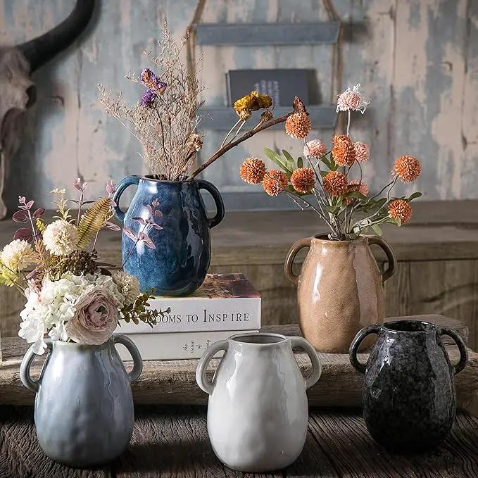 Black Ceramic Vase with 2 Handles, Modern Farmhouse Decor, Rustic Terracotta Pottery, Decorative Flower Vases, Clay Small Vase, Centerpiece for Dining Table - 7 Inch Tall by GreenHaven Gardens