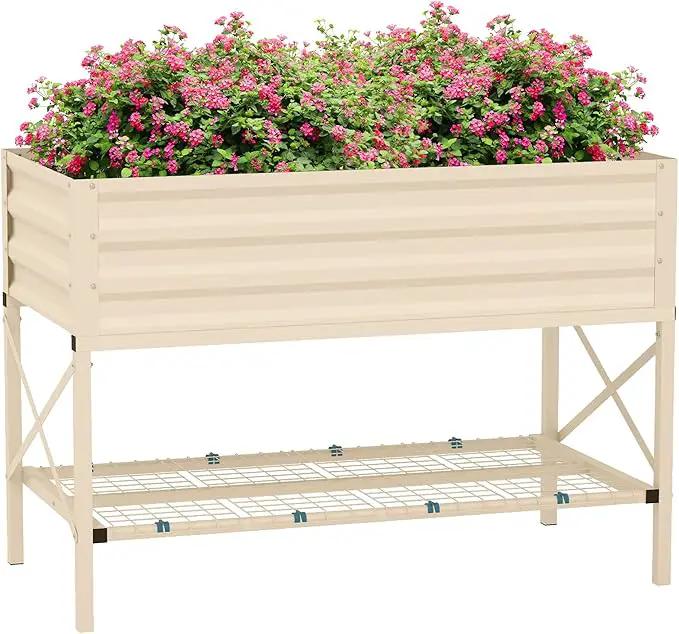Outsunny Raised Garden Bed with Galvanized Steel Frame, Storage Shelf and Bed Liner, Elevated Planter Box with Legs for Vegetables, Flowers, Herbs, Cream by GreenHaven Gardens
