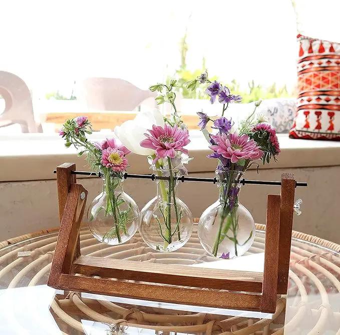 Ivolador Plant Propagation Station,Bulb Plant Terrarium with Wooden Stand,Unique Gardening Gifts for Women Plant Lovers,Hydroponic Indoor Planter Home Office Garden Wedding Decor-3 Bulb Glass Vases by GreenHaven Gardens