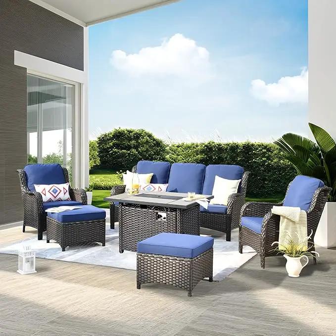 ovios 6 Pieces Patio Furniture Set with 42" Fire Pit Table, Outdoor Wicker Sofa with Ottomans, Comfy Cushions, High Back Couch Conversation Set, Brown Rattan, Navy Blue by GreenHaven Gardens