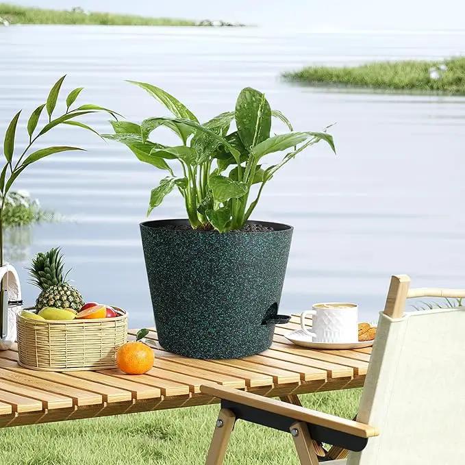 12 inch Large Self Watering Pots for Indoor Outdoor Plants, Flower Plant Pots with Mesh Drainage Holes for Garden, Plastic Planters with Reservoir for Home Plants, Black with Green Speckles by GreenHaven Gardens