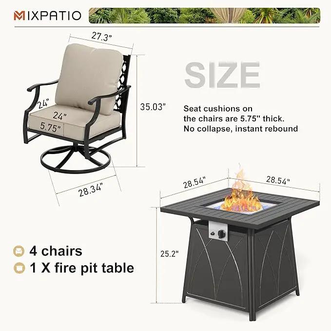 Patio Furniture Set with Fire Pit Table, 5 Pcs Metal Outdoor Conversation Set, 4 Swivel Chairs with 5.75" Extra Thick Cushion and 28" Fire Pit Table for Backyard Deck, Beige by GreenHaven Gardens