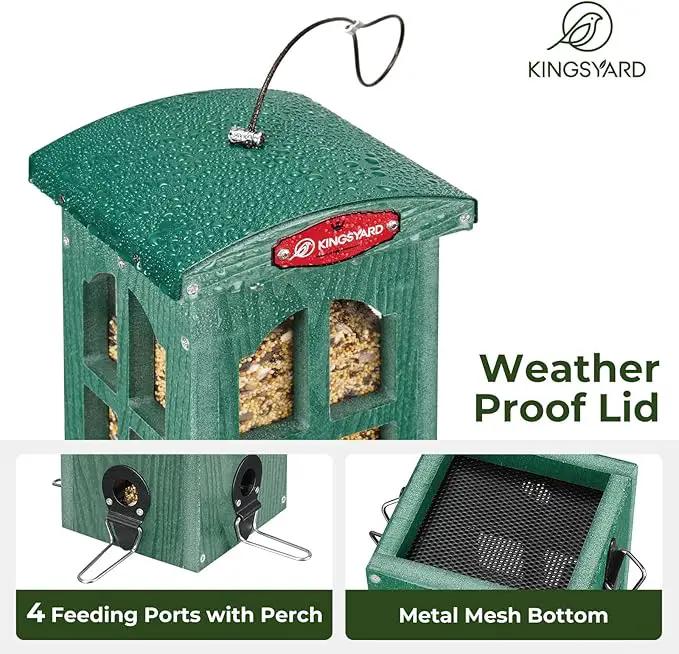 Kingsyard Upgraded Rainproof Bird Feeder for Outdoor Hanging - Metal Feeding Port, Recycled Plastic Wild Bird Feeder with Metal Mesh Tray for Goldfinch Small Bird, Garden Yard Decoration, Green by GreenHaven Gardens