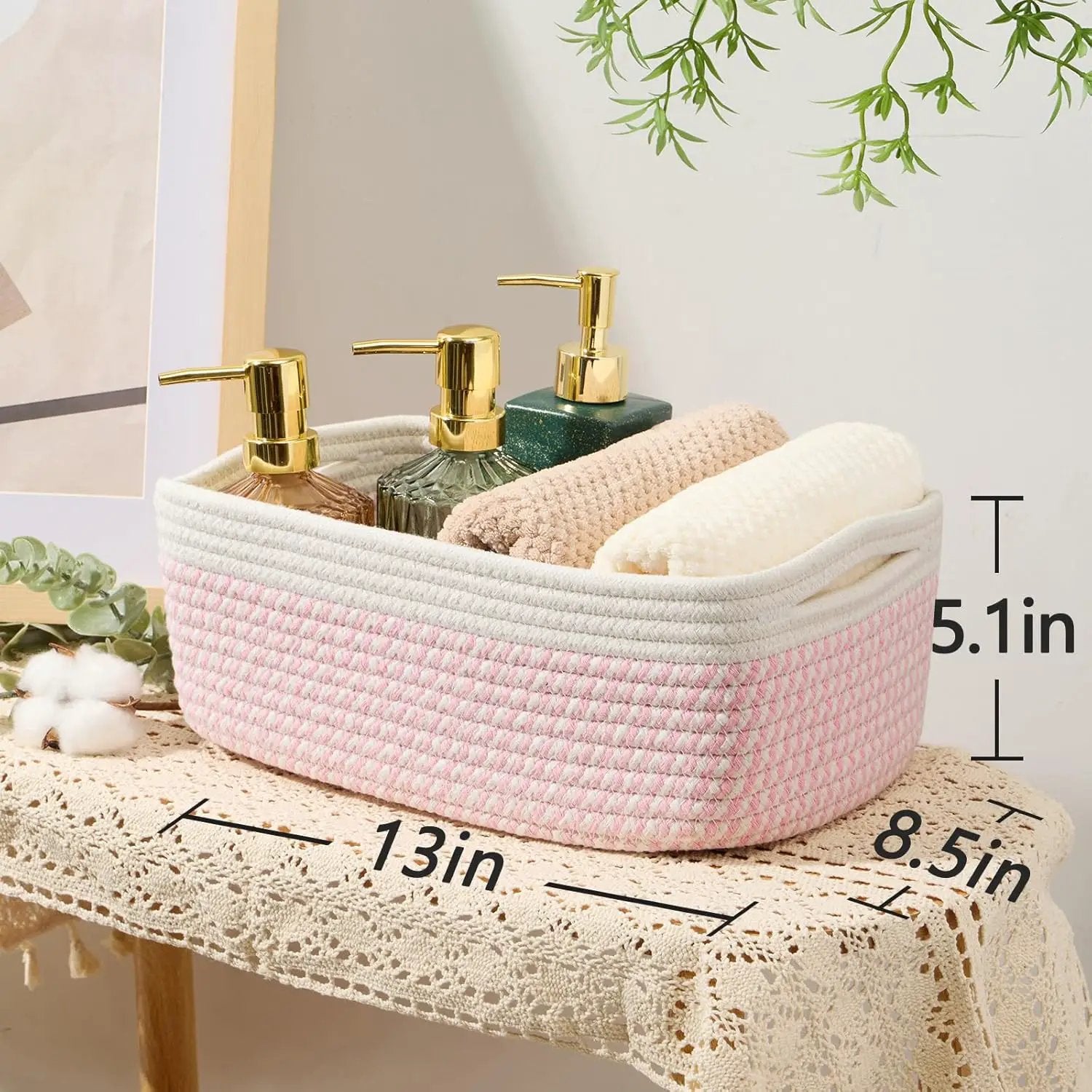 Small Storage Baskets for Organizing | Closet Organizer Bins | Shelf Toy Basket | Woven Rope Baskets | Cube Decorative Box | Shallow Basket | 13x8.5x5.1” | 3 Packs White Pink by GreenHaven Gardens
