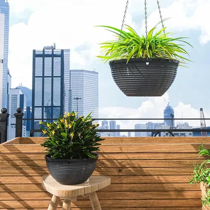 2 Pack Hanging Planters for Indoor Outdoor Plants, 10 Inch Hanging Planter with Drainage Hole & Plug Glazed Hanging Baskets Flower Pots for Garden Home (Black) by GreenHaven Gardens