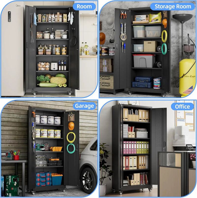 73" H Metal Garage Storage Cabinet with Wheels & Pegboard,Rolling Tool Cabinet with 2 Doors and 4 Shelves for Garage,Home,Office,Warehouse,Workshop, Required-Assembly,Black by GreenHaven Gardens