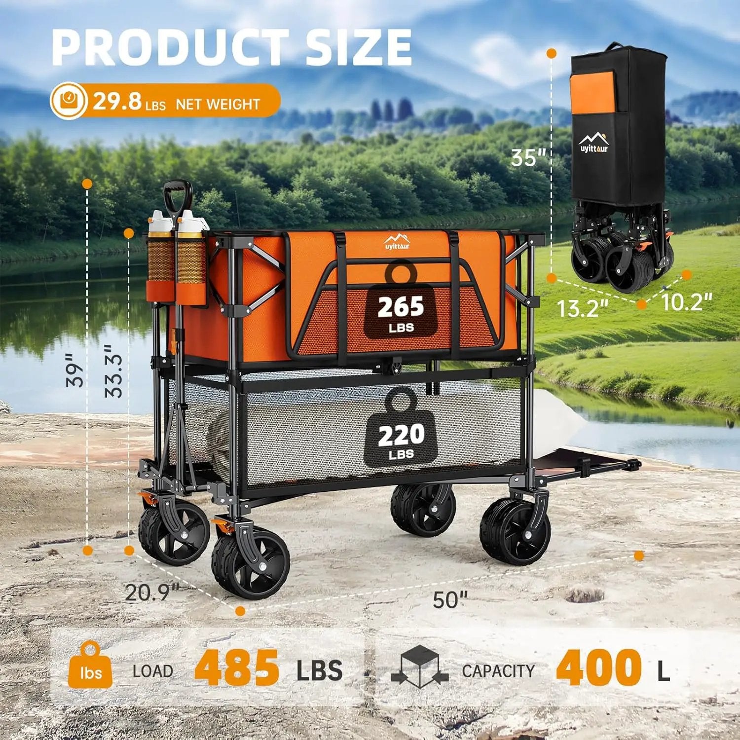 Foldable 50''L Extra Long Double Decker Wagon for Sport, 400L Collapsible Heavy Duty Wagon Cart with Big Wheels, Utility All-Terrain Large Extender Cart for Outdoors, Orange by GreenHaven Gardens