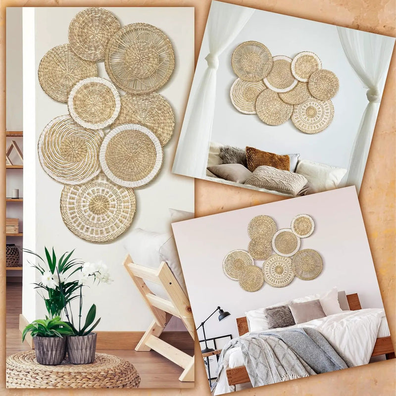 Xuhal Set of 8 Hanging Woven Wall Basket Handmade Decorative Rustic Boho Basket Decor Handcrafted Wicker Round Seagrass Wall Art for Home Kitchen Farmhouse Table Living Room by GreenHaven Gardens