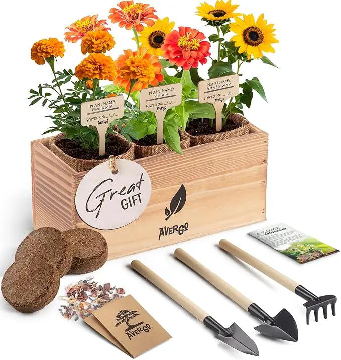 Sunflower, Marigold & Zinnia Flower Seeds Growing Kit – Complete Indoor & Outdoor Kit with Seeds for Planting, Planters, Soil, Tools, Instructions – Ideal for Gift Giving by GreenHaven Gardens