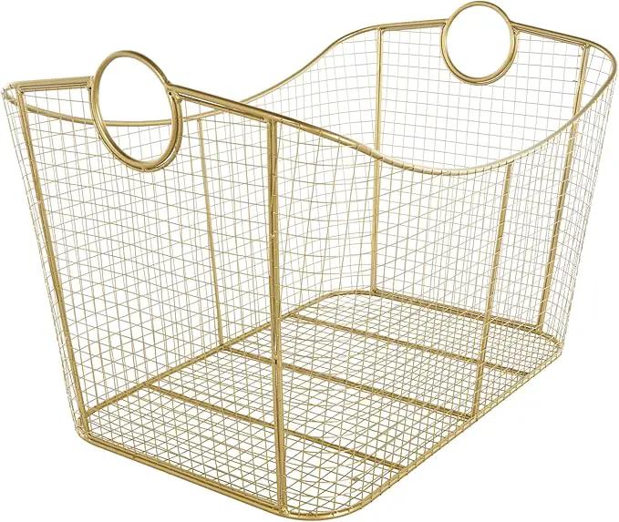 Deco 79 Metal Geometric Decorative and Functional Storage Basket Wire Grid Basket Organizer with Curved Edges Ring Handles, Basket for Storage 30" x 20" x 20", Gold by GreenHaven Gardens