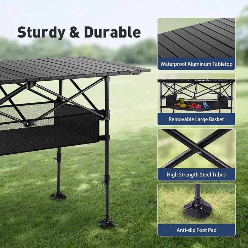 ALPHA CAMP Folding Camping Table, Portable Roll-up Table with Adjustable Height, Large Storage Bag and Carrying Bag, Tall Aluminum Table for Indoor & Outdoor Picnic BBQ Backyards Beach by GreenHaven Gardens