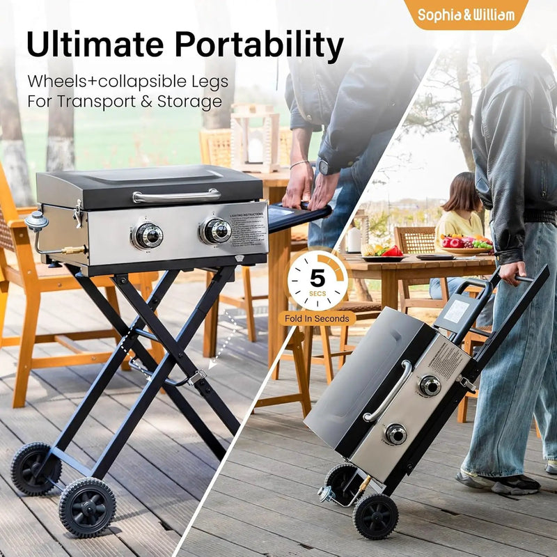 Sophia & William Portable Gas Grill Griddle, Small Propane BBQ grill with Foldable Legs & Wheels for Outdoor Barbecue, Camping, Tailgating, Roadtrip, RV, 2 Burner Flat Top Griddle, 20,000 BTU, Black by GreenHaven Gardens