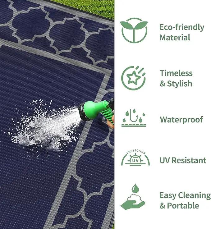 GENIMO Outdoor Rug 8' x 10' Patio Waterproof, Foldable Reversible Plastic Straw Area Rugs Mat for Camper Decor, Outside Carpet for Rv, Deck, Porch, Picnic, Beach, Balcony, Blue & Grey by GreenHaven Gardens